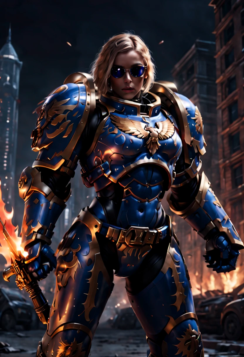 Warhammer 40K universe,Knight armor girl,Mechanical suit of blue and gold armor,sparkly red color sunglasses,Intense war-like environment,holding a flaming sword,Destroyed buildings and flames,The background is a futuristic cityscape,severe and threatening atmosphere,Sci-fi cyberpunk aesthetics,High contrast and desaturated tones,Dramatic and dynamic lighting effec quality,4k,(highres,masterpiece:1.2),ultra-detailed,(realistic,photorealistic,photo-realistic:1.37)