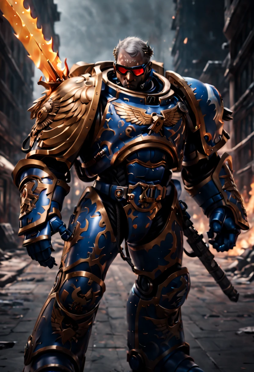 Warhammer 40K universe，Knight armor，Mechanical suit of blue and gold armor，sparkly red color sunglasses，Intense war-like environment，holding a flaming sword，Destroyed buildings and flames，The background is a futuristic cityscape，severe and threatening atmosphere，Sci-fi cyberpunk aesthetics，High contrast and desaturated tones，Dramatic and dynamic lighting effec quality,4k,(highres,masterpiece:1.2),ultra-detailed,(realistic,photorealistic,photo-realistic:1.37)