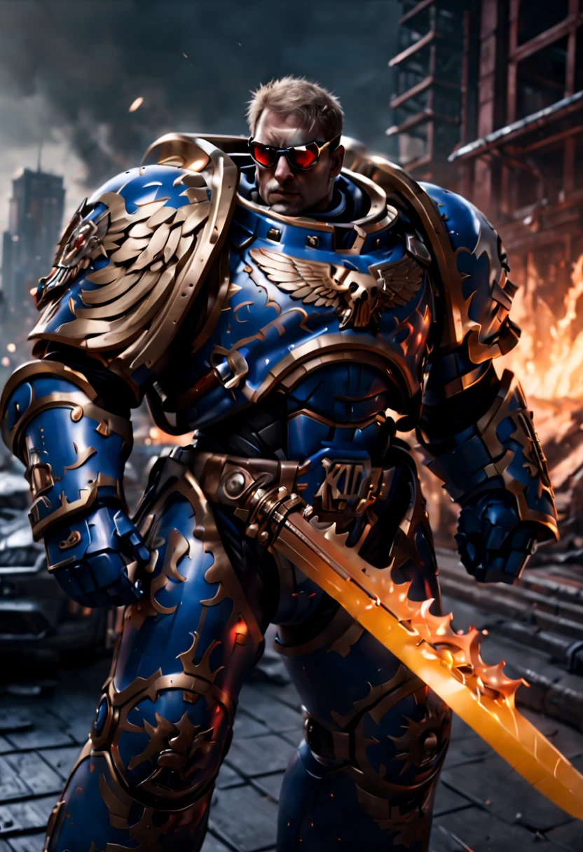 Warhammer 40K universe，Knight armor，Mechanical suit of blue and gold armor，sparkly red color sunglasses，Intense war-like environment，holding a flaming sword，Destroyed buildings and flames，The background is a futuristic cityscape，severe and threatening atmosphere，Sci-fi cyberpunk aesthetics，High contrast and desaturated tones，Dramatic and dynamic lighting effec quality,4k,(highres,masterpiece:1.2),ultra-detailed,(realistic,photorealistic,photo-realistic:1.37)