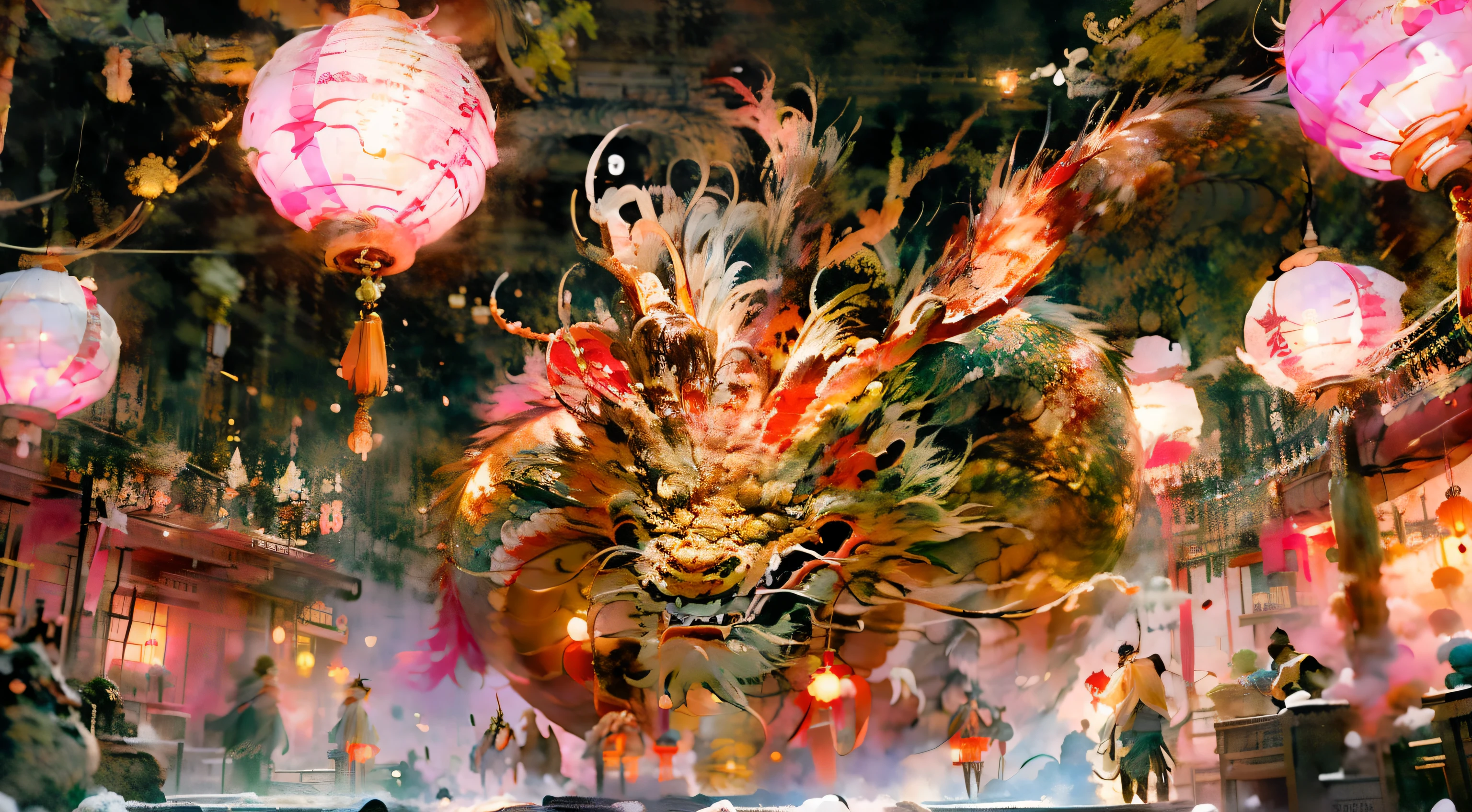 chinesedragon,watercolor paiting,china idol,水墨画和watercolor paiting,festive,schoolboy,chinesedragon,Dragon Ball,Lanterns and streamers,Ancient Street,Playing with the,Red,soybean, lantern factory,couplets,traditional garb,Dragon dance,nighttime scene,traditional architecture