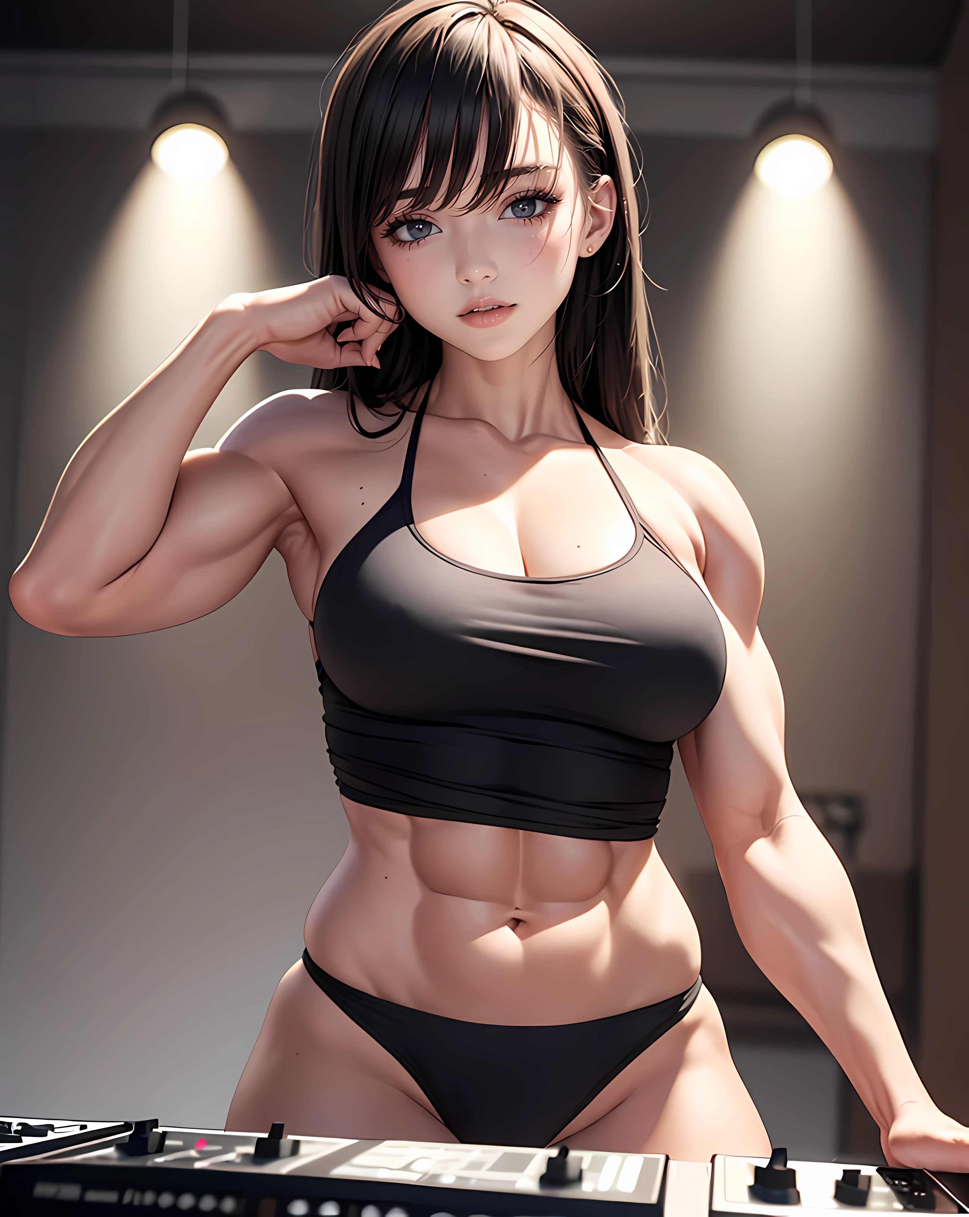 (masterpiece, best quality:1.37), ultra-detailed:1.37, hyper-sharp:1.37, anime style, An illustration of a female bodybuilder with a height of 2m who is DJing while showing off her muscles. The (((female bodybuilder))) is 2meters tall and has a muscular build. A female bodybuilder wears a tank top and shorts, exposing her muscles. A female bodybuilder is standing in a DJ booth and playing music with turntables and a mixer. A female bodybuilder is playing music while showing off her muscles. Audiences are overwhelmed and go wild with her female bodybuilder muscles. This illustration shows a strong and dynamic representation of a 2m tall female bodybuilder DJing while showing off her muscles. You can clearly see the enthusiastic audience overwhelmed by the muscles of the female bodybuilders.