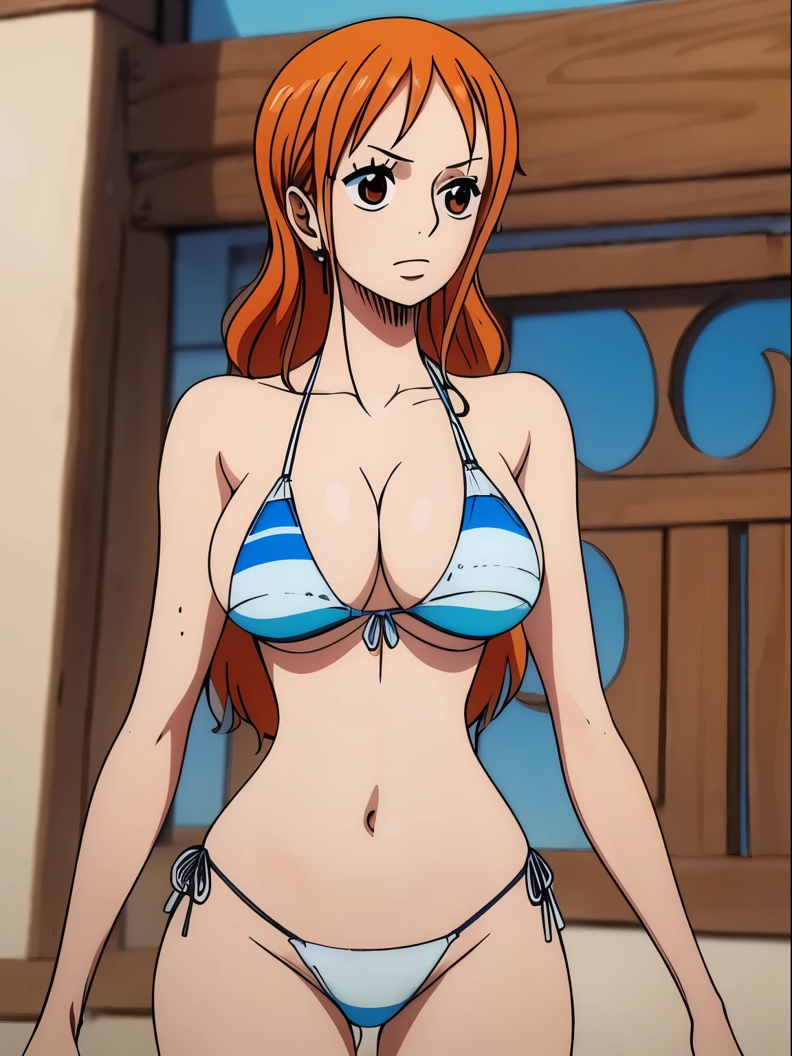 Nami in a sexy tight bikini, curvy side view full body