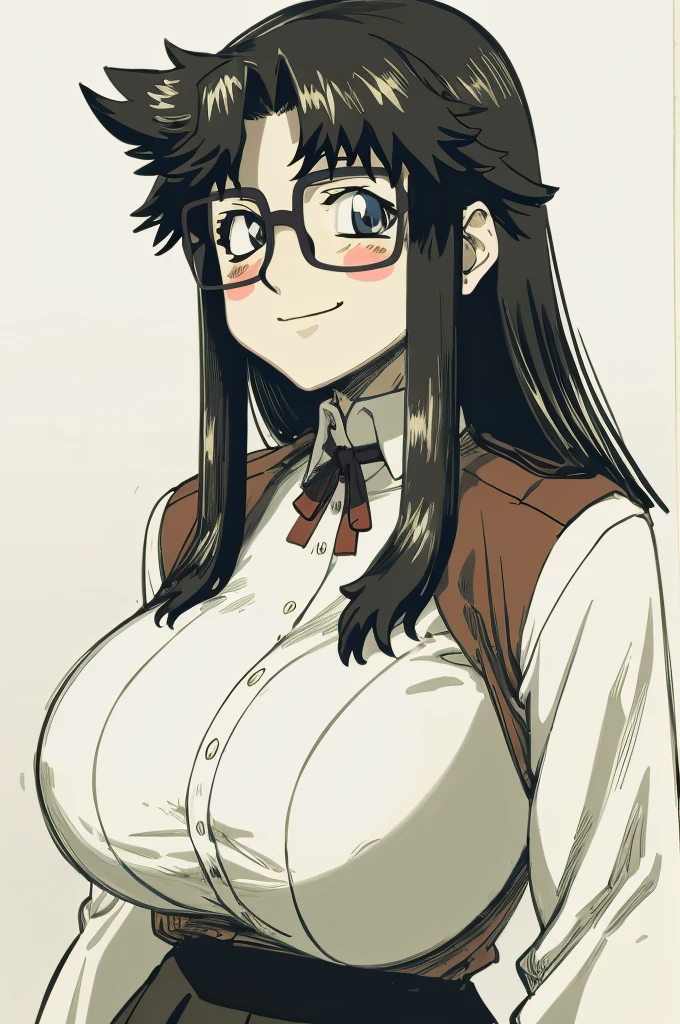 ultra detailed, masterpiece, best quality,
solo,

soft smile, light smile,
 sketch style,YR, 1girl, solo, upper body, portrait, sticker blush, smile, looking at viewer, glasses, long skirt, coat, vest, ribbon, long sleeves, messy hair, fine detail, perfect quality, good quality, masterpiece, HDR, UHD full body, refsheet, flipflops, huge breast,