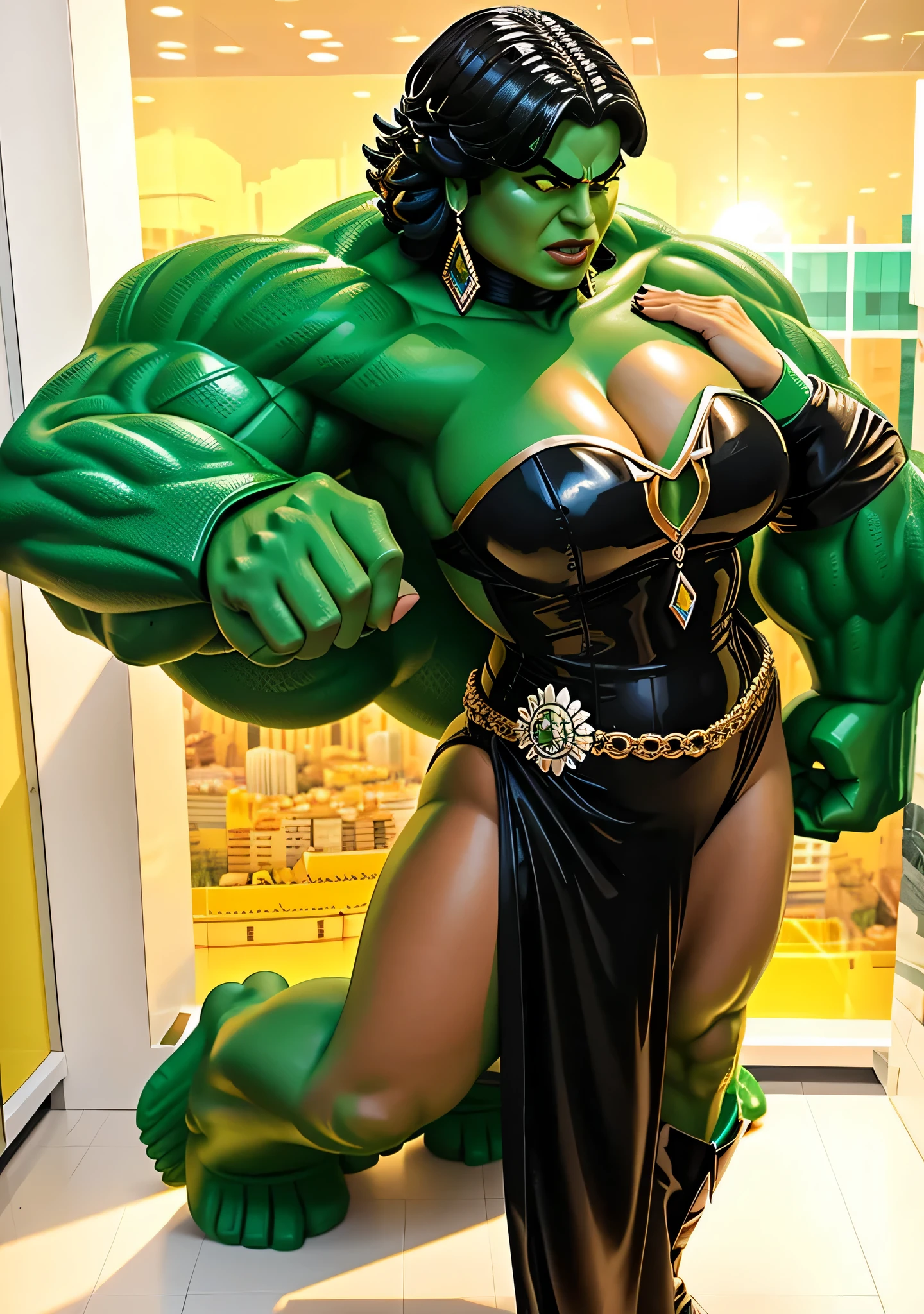 Uma mulher elegante posing in front of a Lego Hulk statue, LEGO, Hulk, ela hulk, Personagem LEGO, Ela - Hulk, Desmedido, in a menacing pose, Hulkish, em barcelona, divertindo-se.