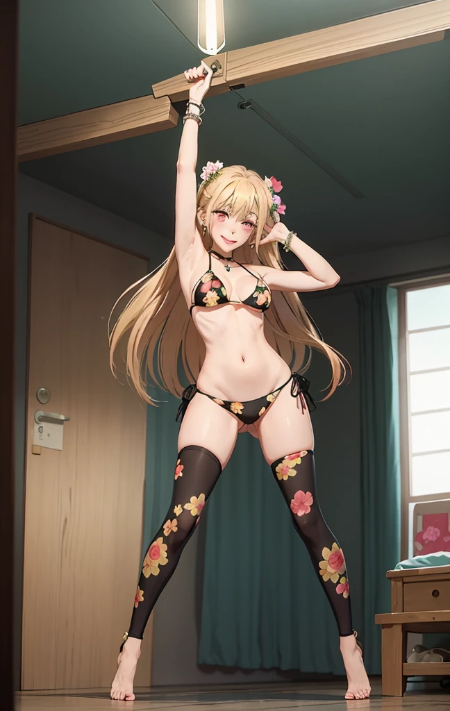 marinlora, 1girl, long hair, blush, smile, blonde hair, large breasts, navel, cleavage, jewelry, swimsuit, bikini, earrings, choker, indoors, bracelet, black bikini, side-tie bikini bottom, halterneck, black choker, piercing, floral print, ear piercing, string bikini, print bikini,