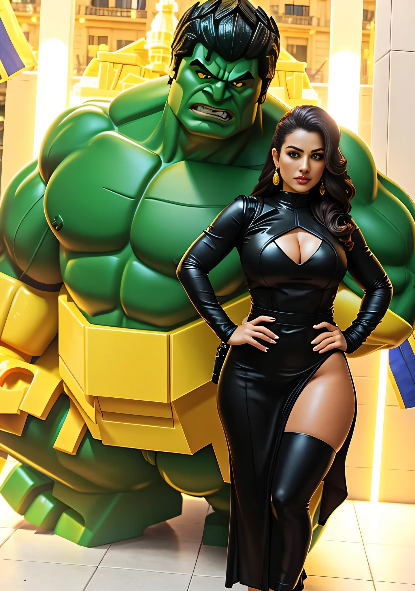 Uma mulher elegante posing in front of a Lego Hulk statue, LEGO, Hulk, ela hulk, Personagem LEGO, Ela - Hulk, Desmedido, in a menacing pose, Hulkish, em barcelona, divertindo-se.