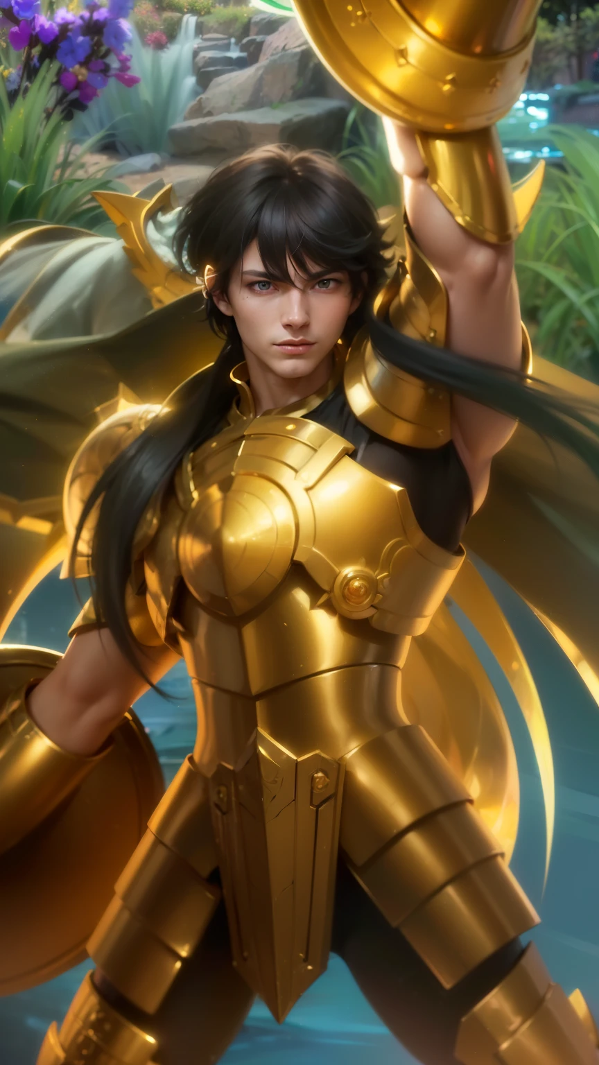 masculine male, masterpiece, ((perfect eyeest quality, (semirealism:1.9), beautiful lighting, (extremely detailed CG unity 4k fhd wallpaper), High Detail, Sharp focus, dramatic outdoors, 1 boy ,17 years old, short hair, blue eyes, smile, Attractive profile picture, masterpiece, ultra-precise rendering, beautiful and cool young man, trustworthy, dependable young man, savior of the world, design, most beautiful image, 4K, light green eyes, saint seiya gold armor, black hair.
