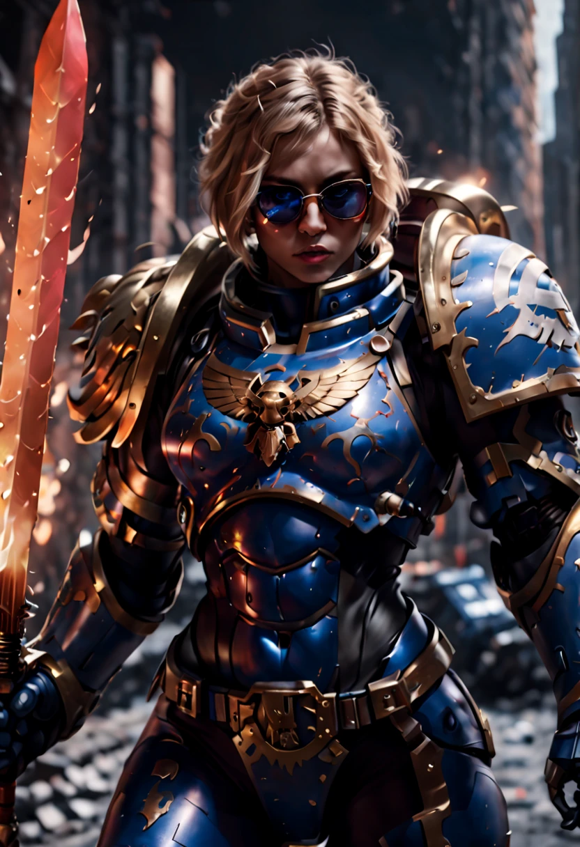 Warhammer 40K universe，Knight armor girl，Mechanical suit of blue and gold armor，sparkly red color sunglasses，Intense war-like environment，holding a flaming sword，Destroyed buildings and flames，The background is a futuristic cityscape，severe and threatening atmosphere，Sci-fi cyberpunk aesthetics，High contrast and desaturated tones，Dramatic and dynamic lighting effec quality,4k,(highres,masterpiece:1.2),ultra-detailed,(realistic,photorealistic,photo-realistic:1.37)