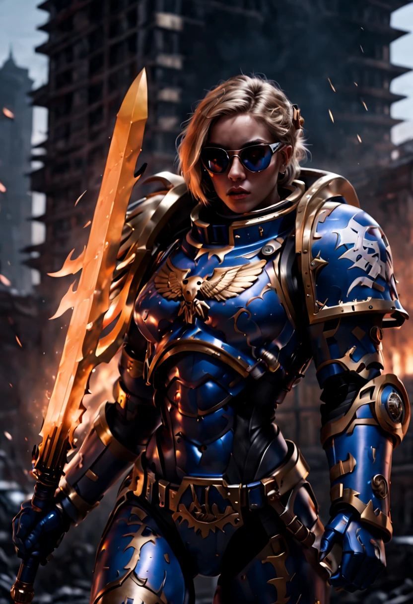 Warhammer 40K universe，Knight armor girl，Mechanical suit of blue and gold armor，sparkly red color sunglasses，Intense war-like environment，holding a flaming sword，Destroyed buildings and flames，The background is a futuristic cityscape，severe and threatening atmosphere，Sci-fi cyberpunk aesthetics，High contrast and desaturated tones，Dramatic and dynamic lighting effec quality,4k,(highres,masterpiece:1.2),ultra-detailed,(realistic,photorealistic,photo-realistic:1.37)