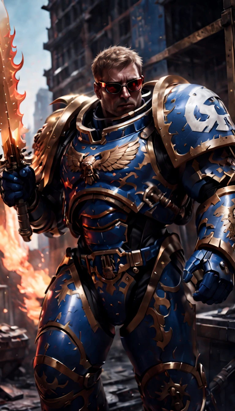 Warhammer 40K universe，Knight armor，Mechanical suit of blue and gold armor，sparkly red color sunglasses，Intense war-like environment，holding a flaming sword，Destroyed buildings and flames，The background is a futuristic cityscape，severe and threatening atmosphere，Sci-fi cyberpunk aesthetics，High contrast and desaturated tones，Dramatic and dynamic lighting effec quality,4k,(highres,masterpiece:1.2),ultra-detailed,(realistic,photorealistic,photo-realistic:1.37)