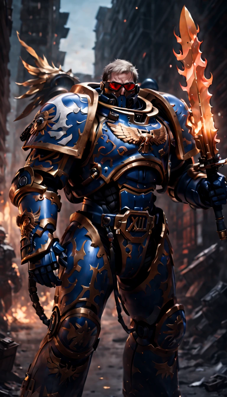 Warhammer 40K universe，Knight armor，Mechanical suit of blue and gold armor，sparkly red color sunglasses，Intense war-like environment，holding a flaming sword，Destroyed buildings and flames，The background is a futuristic cityscape，severe and threatening atmosphere，Sci-fi cyberpunk aesthetics，High contrast and desaturated tones，Dramatic and dynamic lighting effec quality,4k,(highres,masterpiece:1.2),ultra-detailed,(realistic,photorealistic,photo-realistic:1.37)