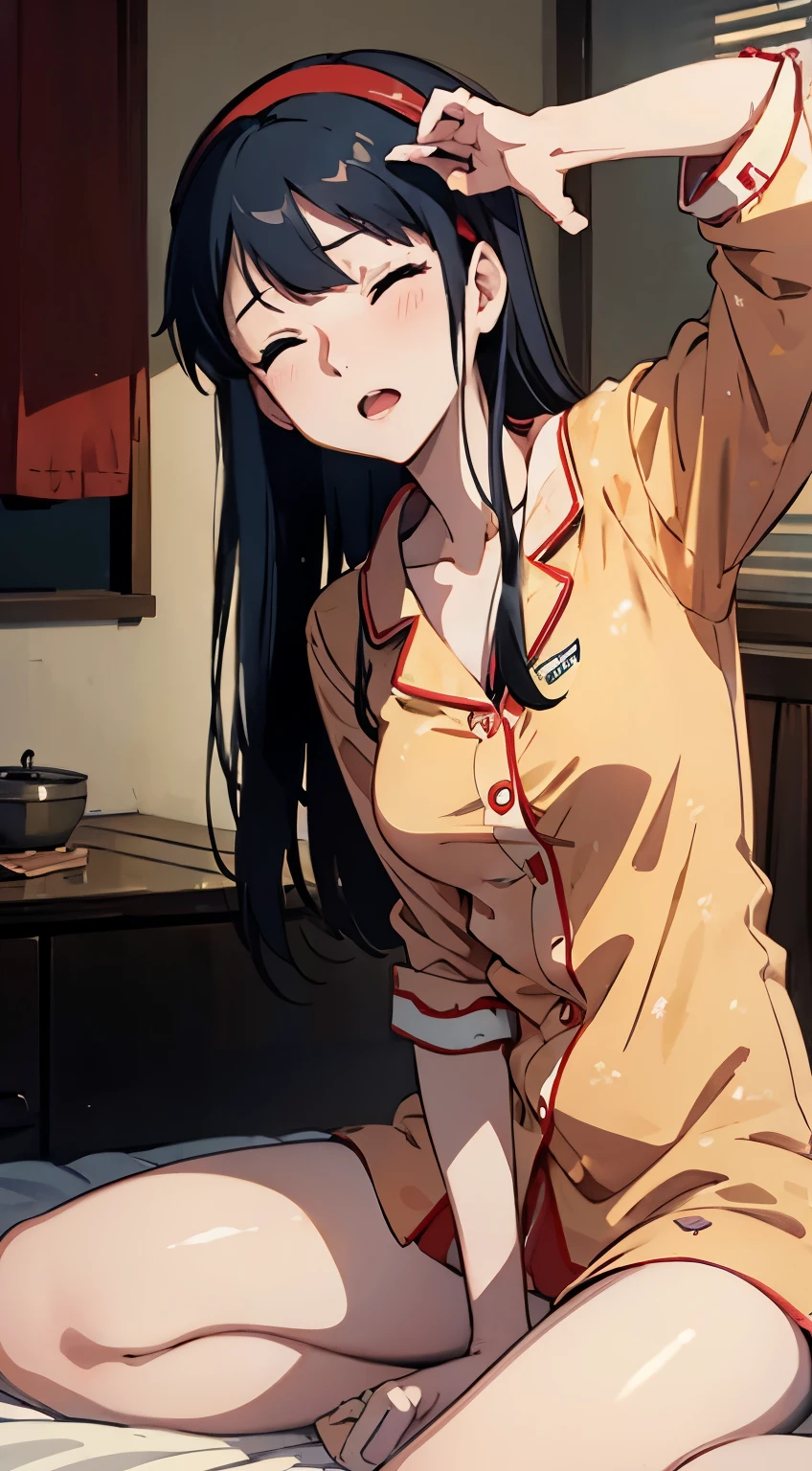 (((masterpiece))) 4k Hd detail image, 1girl, Yukiko Amagi, waking up on a futon, pajamas, innocent, morning, japanese house, yawning, eye closed