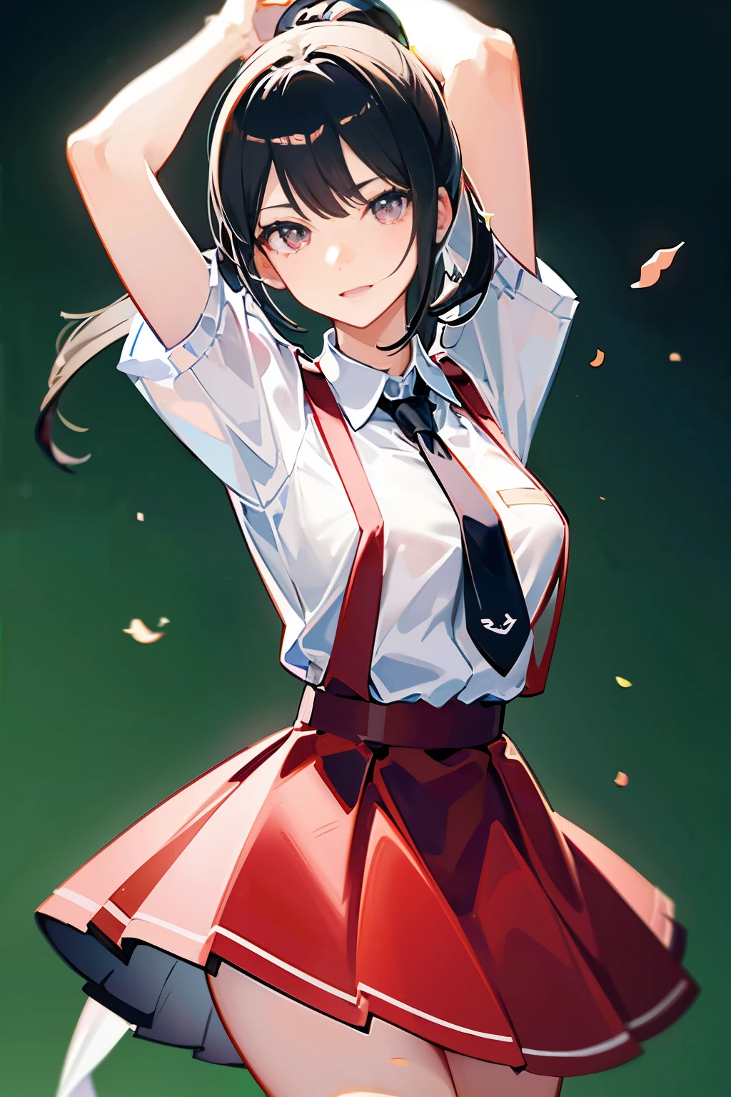 (Masterpiece:1.2, high quality), (pixiv:1.4), (1girl:1.2), (solo:1.2), (smirk:0.8), yaoyorozu momo, black hair, ponytail, hair pulled back, black eyes, long eyelashes, ((large breasts)), school uniform, white shirt, collared shirt, short sleeves, red necktie, brown skirt, standing, cowboy shot, indoors, classroom, ultra-detailed, (highres:1.5), high focus, (blurry_background:1.2), (detailed face)