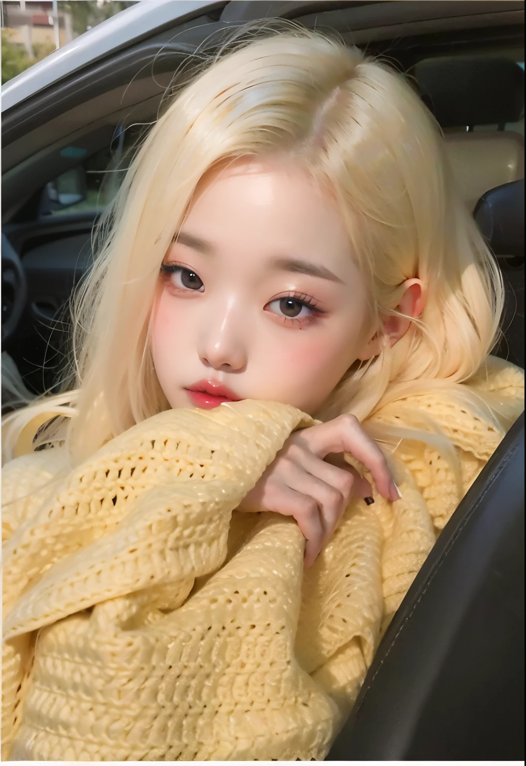 um close de uma pessoa sentada em um carro com um cobertor, Ulzzang, Jinyoung Canela, jia, cabelos amarelos claros, extremely pale blond hair, ivory pale skin, Retrato de Jossi de Blackpink, pale hair, Parque Roseanne do Blackpink, pale ivory skin, Dom Yunjoo, Pale - white skin, very very pale blond hair, medium yellow blond hair