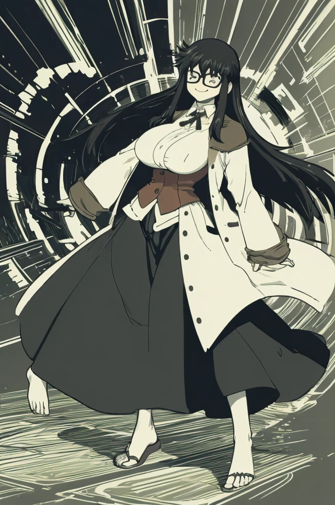 ultra detailed, masterpiece, best quality, solo, soft smile, light smile, sketch style,YR, 1girl, solo,full body body, portrait, sticker blush, smile, looking at viewer, glasses, long skirt, coat, vest, ribbon, long sleeves, messy hair, fine detail, perfect quality, good quality, masterpiece, HDR, UHD full body, refsheet, flipflops, huge breast,