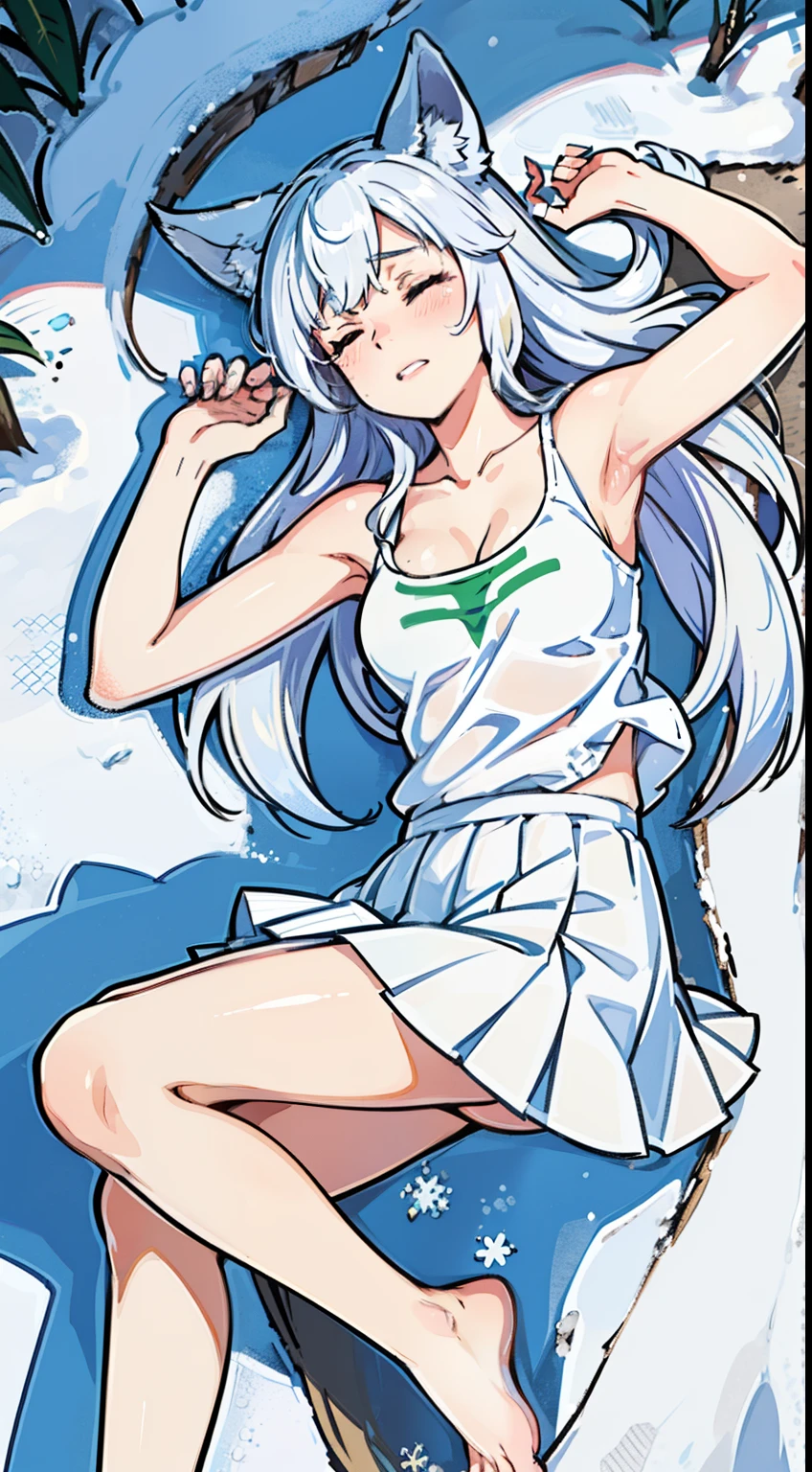 1girl,solo,medium breasts,(white sleeveless and shoulderless t-shirt,cleavage, white pleated skirt),silver hair,long hair,closed eyes,fox ears,((lying dowm in snow,snowing,in a forest)),from above,(bare feet),((pain)),crying
