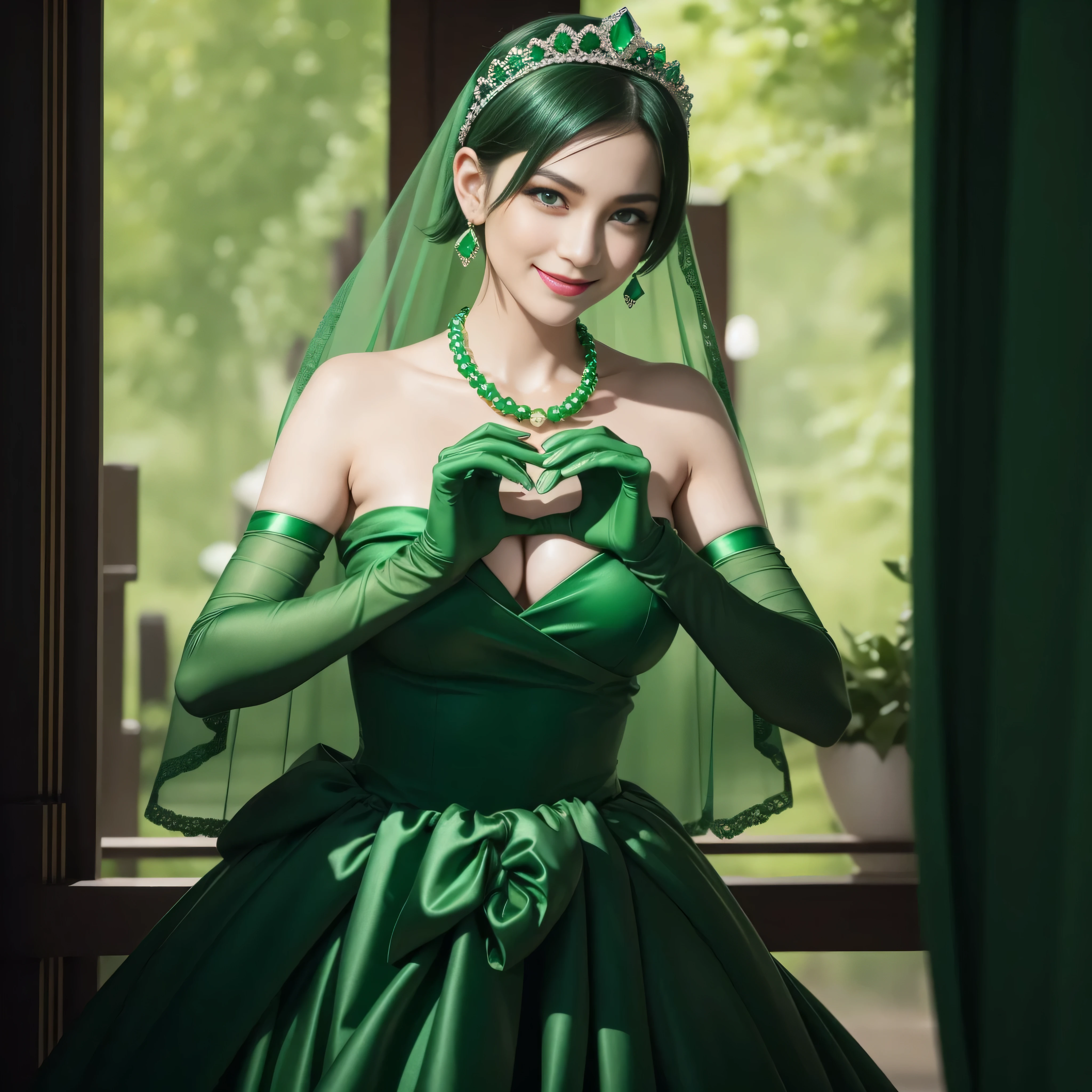 emerald tiara, Green Pearl Necklace, Boyish very short green hair, lipsticks, Japan woman smiling, very short short hair, big breasts beautiful, Green eyes, Long green gloves made of satin material, Green eyes, Emerald Earrings, green vale, 両Heart in the hand, Heart in the hand