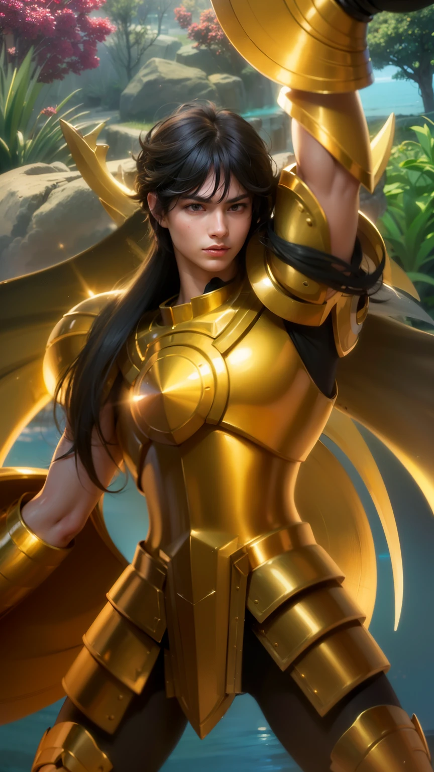 masculine male, masterpiece, ((perfect eyeest quality, (semirealism:1.9), beautiful lighting, (extremely detailed CG unity 4k fhd wallpaper), High Detail, Sharp focus, dramatic outdoors, 1 boy ,17 years old, short hair, blue eyes, smile, Attractive profile picture, masterpiece, ultra-precise rendering, beautiful and cool young man, trustworthy, dependable young man, savior of the world, design, most beautiful image, 4K, light green eyes, saint seiya gold armor, black hair.