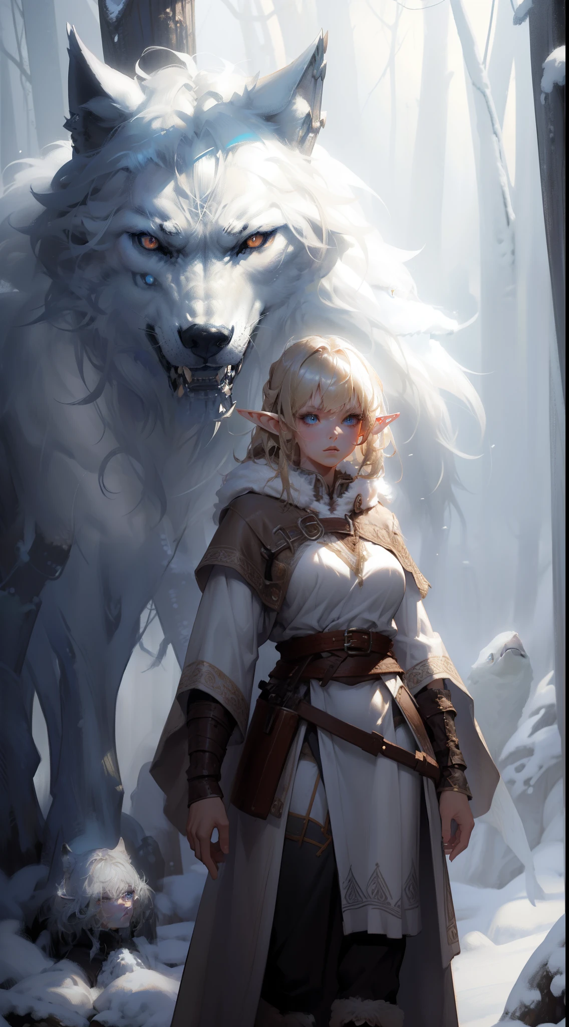 ((masterpiece, best quality)), (fractal art:1.3), viking elf girl, fantasy, Standing with wolf, aaa art, design by aykut aydogdu, whistlerian, high resolution, john larriva, mottled, concept art, painting, sparth. BREAK, (elf:1.2), 1girl, solo, (Blonde Hair:1.15), Blunt bangs, (hair between eye), Blue Eyes, (beautiful detailed face:1.2)，art style by Artgerm, by Wadim kashin, by Kawacy, BREAK, (1animal), ((wolf)),  fluffy, big, White fur, BREAK, ((ancient viking clothes))，fluffy cloak,  big breast, long black glovelack pantyhoses with white boots, BREAK, eyelashes, eyeshadow, pink eyeshadow, BREAK, extremely detailed, dynamic angle, cowboyshot, the most beautiful form of chaos, elegant, a brutalist designed, Setting is a Scandinavian forest in winter,