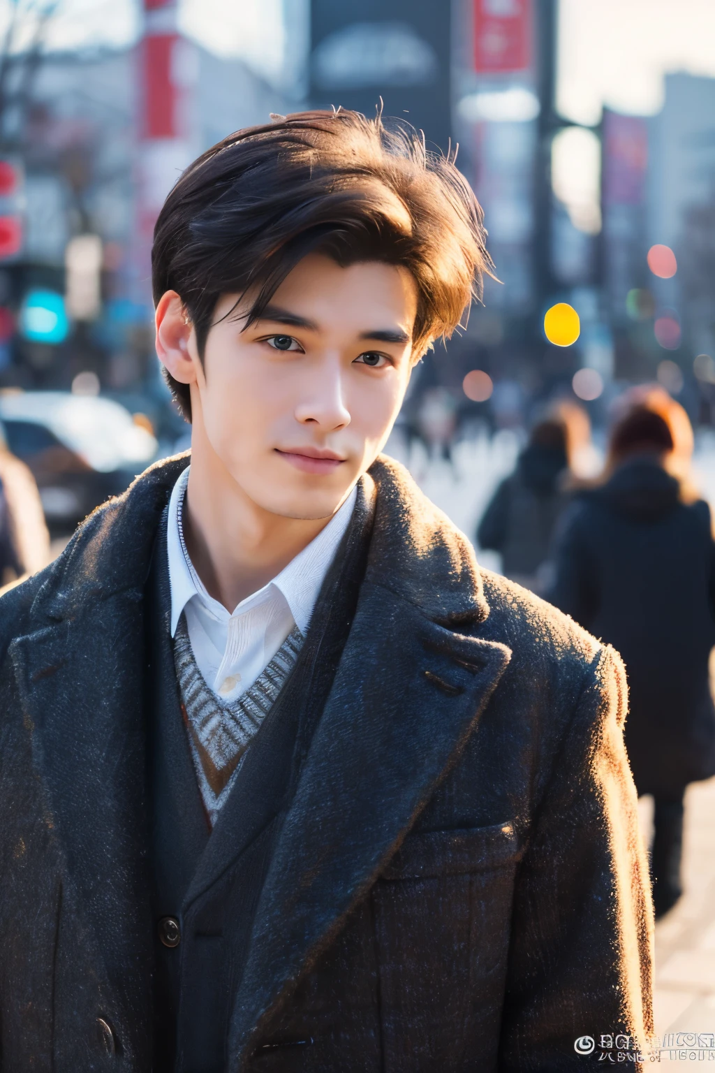 Photorealsitic, 8K full body portrait, a handsome, 20-year-old man, A charming expression, detailed face details, TOKYOcty, Winters, Shibuya in the background