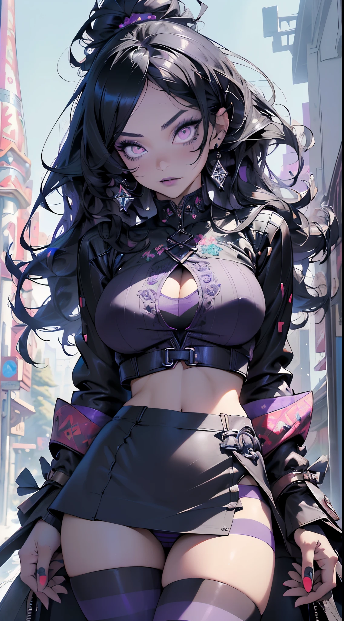 goth girl,1girl,((extremely cute and beautiful black haired anime goth girl)),(((16 years old))),(large breasts:1.2),((((black wavy hair:1.35,absurdly long unkempt hair,messy hair,colored inner hair,ear breathing)))),((heterochromia:1.5, (purple_eye and red_eye))),intricate eyes,beautiful detailed eyes,symmetrical eyes,Big eyes:1.5,((fat)),(((lustrous skin:1.5,bright skin: 1.5,skin tanned,shiny skin,very shiny skin,shiny body,plastic glitter skin,exaggerated shiny skin,illuminated skin))),(spider lower abdomen,narrow waist,wide hip,athletic body,inflated legs,thick thighs,detailed body,(detailed face)),

cute,slutty,seductive,erotic,(nsfw),

zettai ryouiki,revealing clothing,show skin,((printed T-shirt:1.3,bang spikes choker),(navel))),((black leather crop jacket:1.3)),(((micro skirt:1.5,(Extra-short leather skirt),black thong,Very tight thong outline a full shape)))),((purple striped tights:1.5)),(((Black Eyeshadow,Thick Black Eyeliner,Long Dramatic Eyelashes,Black Lips,Goth Accessories,intricate makeup))),(((intricate outfit,intricate clothes,embroidered outfit,ornate outfit,embroidered clothes,ornate clothes))),

(dynamic pose:1.0),embarrassed,(centered,scale to fit dimensions,Rule of thirds),

((snowy pine forest)),winter,scenery:1.25,((intricate scenery)),((snow forest background)),Christmas tree,

(Glossy winter ornaments),highres,sharp focus,(ultra detailed,extremely detailed),(photorealistic artwork:1.37),(extremely detailed CG unity 8k wallpaper),(((vibrant colors,vibrant theme))),(intricate),(masterpiece),(best quality),