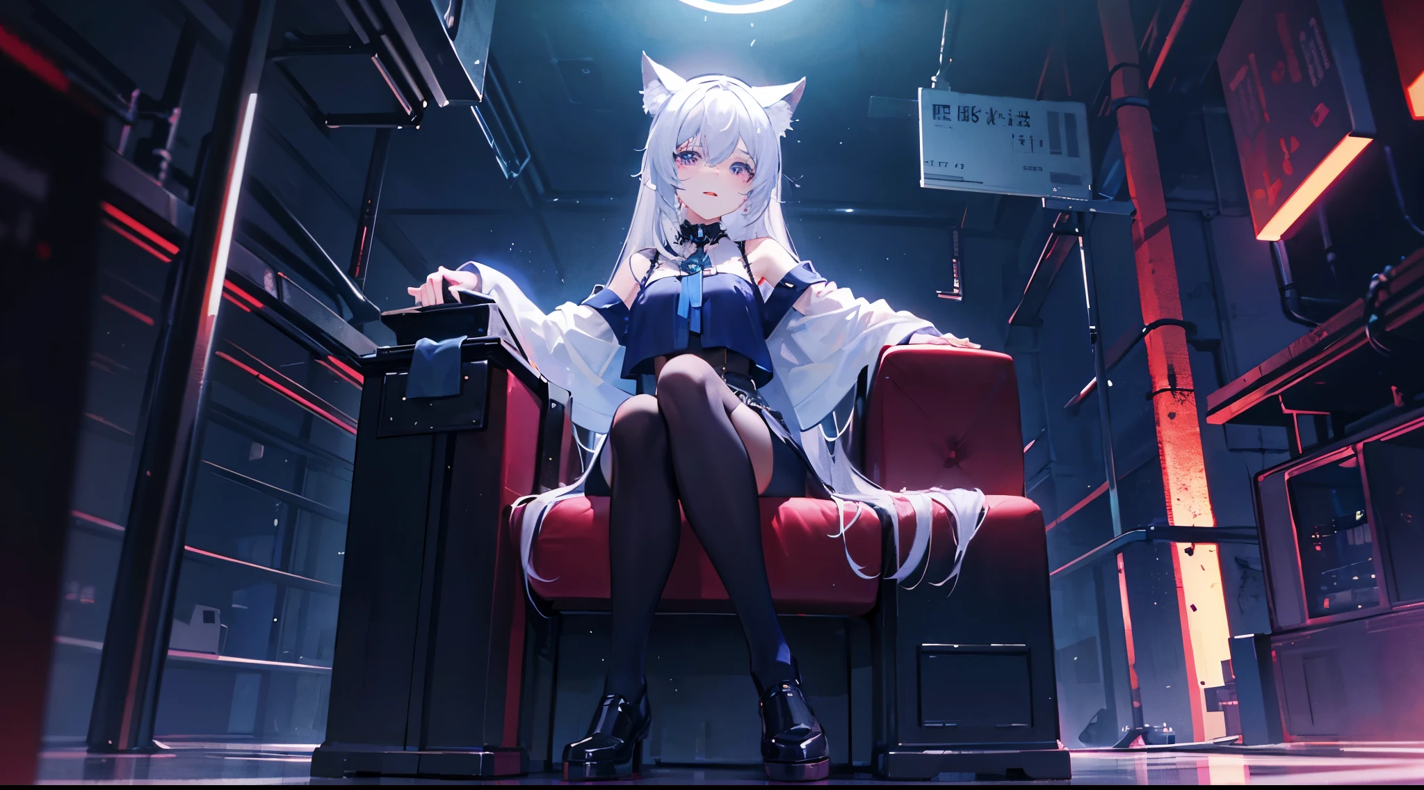 1 girl from the front,1 girl sitting, character in the center of the image, looking to the camera, a girl sitting in a trash can, a alley behind her, night with starry sky, long hair, white hair, black boots, no shirt, blue neckline, wolf ears, evil smile, evil, anime, mysterious vibes, scary, evil, suspense vibes, blue lighting, cinematic lighting, poor lighting, depth of field, ray tracing, purple backlighting, from below, UHD, masterpiece, super detail, 4K, upscaled