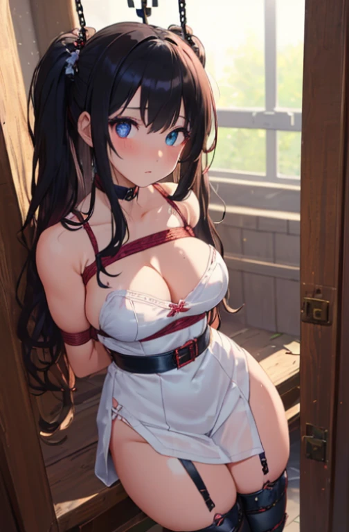 ((masterpiece)), ((best quality)), (ultra-detailed), ((sexy)), (ero),NSFW, underground,a cute girl, 1girl, solo, (white tanktop dress),(chain bound arms), (both hands are bound and is hung from the ceiling), BDSM,shibari,restrained,((thin waist)),((Torture that tightens the waist with a belt)),beautiful black hair, beautiful black eyes, (beautiful eyes), long hair,troubled expression