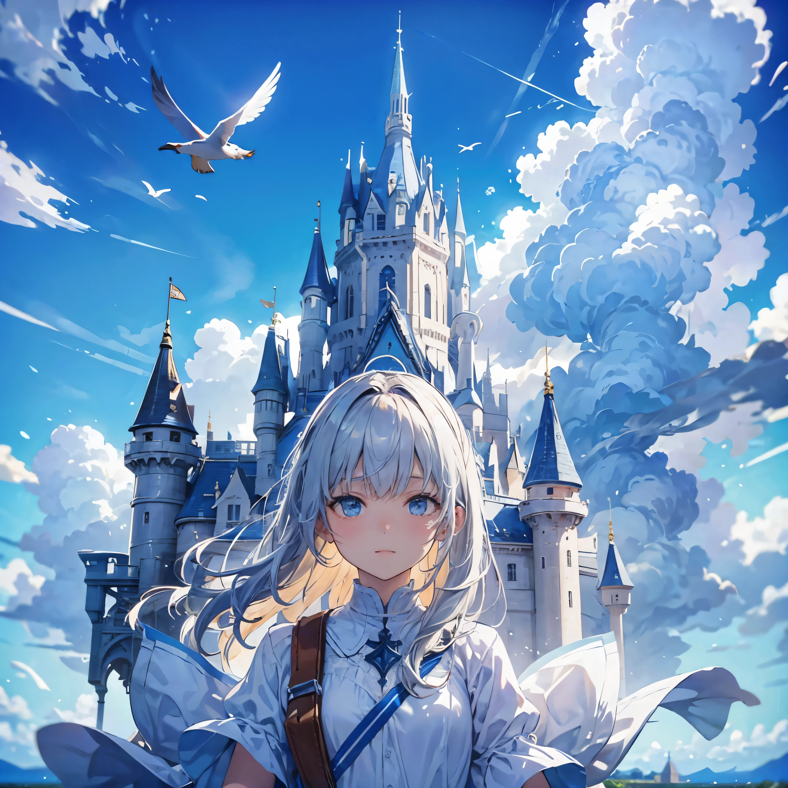 Sky City、Clear blue sky、white clouds and castle floating in the sky、