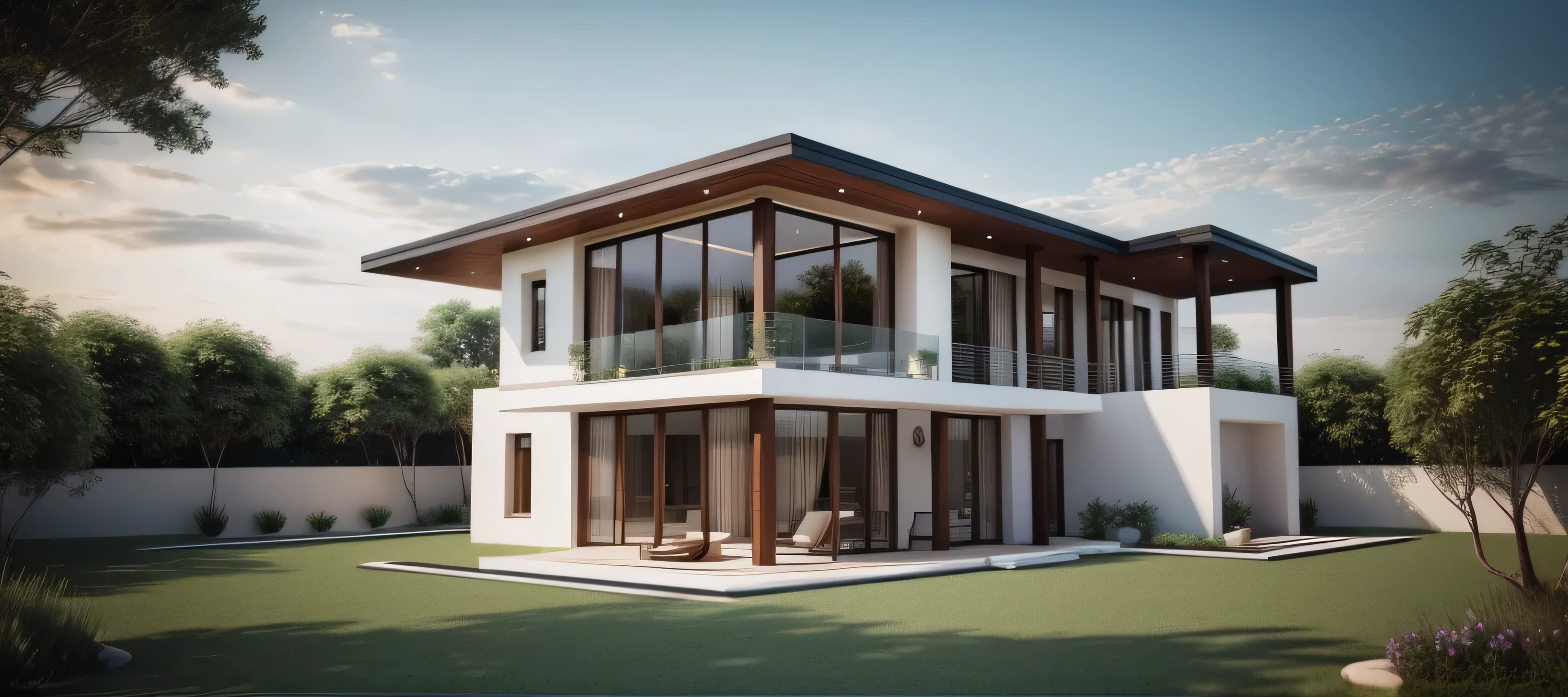 RAW photo modern and luxurious house in the contemporary style, naturalistic renderings, opening in small garden in front. Garden landscape, trees. The building is made of white and granite stone, dark wooden slats, with lines and geometric shapes, clean design, SUNLIGHT, CLEAR SKY, the overall effect is one of peace and tranquility, cinematic lighting, arttation trends, studio photos, intricate details, luxurious and spacious, beautiful, 8k uhd, dslr, soft lighting, high quality, film grain, Fujifilm XT3, Noon