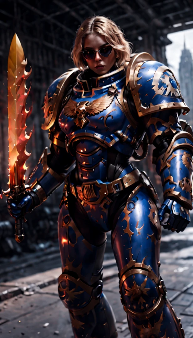 Warhammer 40K universe，Knight armor girl，Mechanical suit of blue and gold armor，sparkly red color sunglasses，Intense war-like environment，holding a flaming sword，Destroyed buildings and flames，The background is a futuristic cityscape，severe and threatening atmosphere，Sci-fi cyberpunk aesthetics，High contrast and desaturated tones，Dramatic and dynamic lighting effec quality,4k,(highres,masterpiece:1.2),ultra-detailed,(realistic,photorealistic,photo-realistic:1.37)