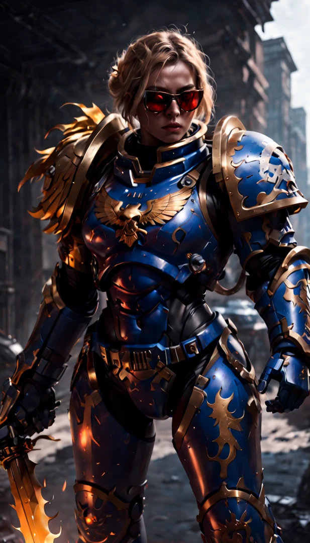 Warhammer 40K universe，Knight armor girl，Mechanical suit of blue and gold armor，sparkly red color sunglasses，Intense war-like environment，holding a flaming sword，Destroyed buildings and flames，The background is a futuristic cityscape，severe and threatening atmosphere，Sci-fi cyberpunk aesthetics，High contrast and desaturated tones，Dramatic and dynamic lighting effec quality,4k,(highres,masterpiece:1.2),ultra-detailed,(realistic,photorealistic,photo-realistic:1.37)