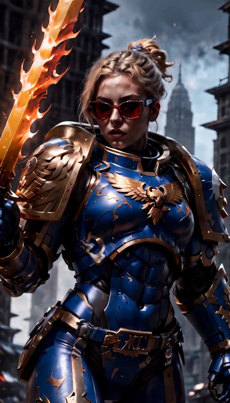 Warhammer 40K universe，Knight armor girl，Mechanical suit of blue and gold armor，sparkly red color sunglasses，Intense war-like environment，holding a flaming sword，Destroyed buildings and flames，The background is a futuristic cityscape，severe and threatening atmosphere，Sci-fi cyberpunk aesthetics，High contrast and desaturated tones，Dramatic and dynamic lighting effec quality,4k,(highres,masterpiece:1.2),ultra-detailed,(realistic,photorealistic,photo-realistic:1.37)