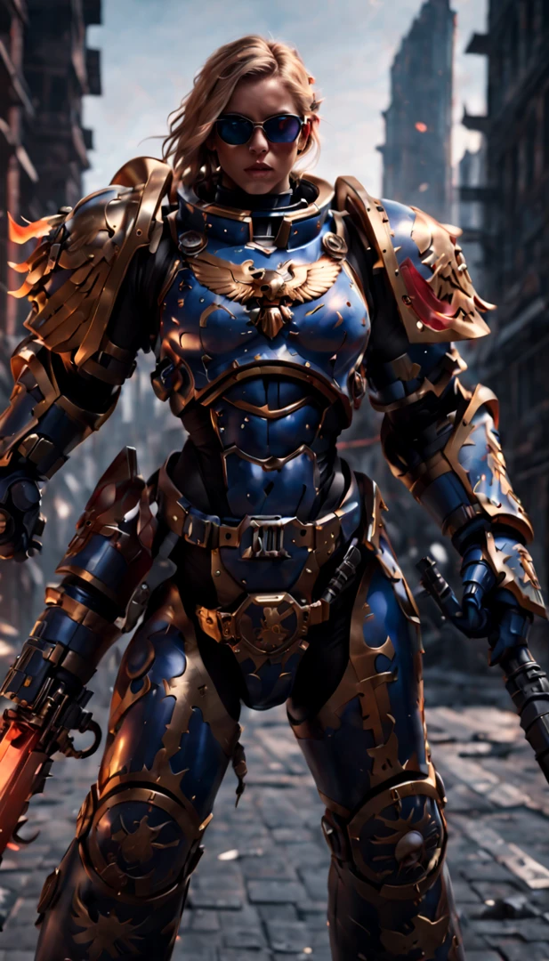 Warhammer 40K universe，Knight armor girl，Mechanical suit of blue and gold armor，sparkly red color sunglasses，Intense war-like environment，holding a flaming sword，Destroyed buildings and flames，The background is a futuristic cityscape，severe and threatening atmosphere，Sci-fi cyberpunk aesthetics，High contrast and desaturated tones，Dramatic and dynamic lighting effec quality,4k,(highres,masterpiece:1.2),ultra-detailed,(realistic,photorealistic,photo-realistic:1.37)