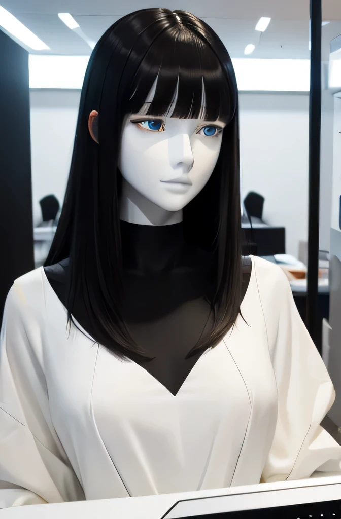 A mannequin is touching a computer(The color of the face is pure white Body color is pure white Black hair Bangs straight haired elongated face The color of the clothes is brown)