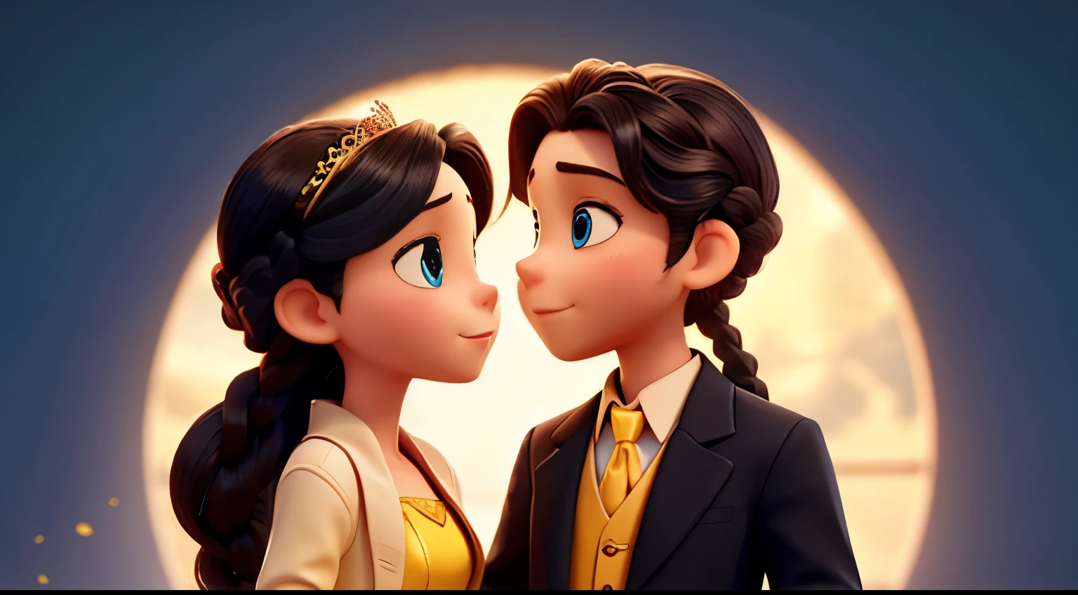 The good princess kiss the good prince. The good princess has long black hair, blue eyes, fair skin, and wears a very modest yellow dress. She has two braids that cascade down to her shoulders. The good prince wears an elegant tailcoat, has large eyes, and short hair with a right-side parting.
