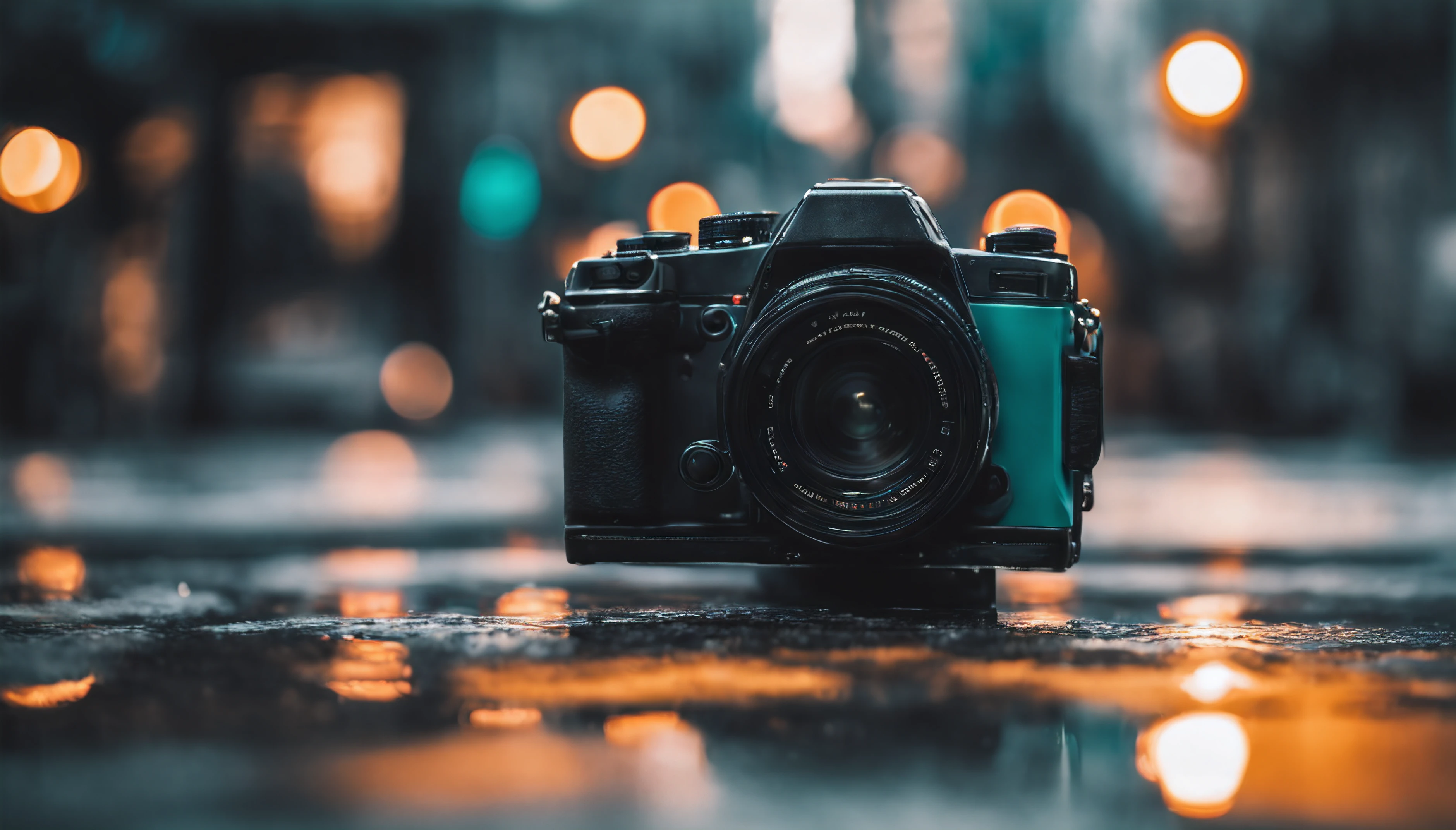 ((A wide horizontal frame ))((best quality)), ((masterpiece)), (detailed), ((photorealistic)), Realistic detailed photo camera standing on wet concrete, with a blurred background behind it, no text, cinematic style, dark outline of two cameras, backlight, black silhouettes, Directly A low perspective, No fill light, just the contrast itself, a blurred cinematic background, High contrast, vibrant colors, Color scheme reminiscent of movie, Standing on wet concrete, The atmosphere of nighttime photos, Lights in the background, teal nad orange