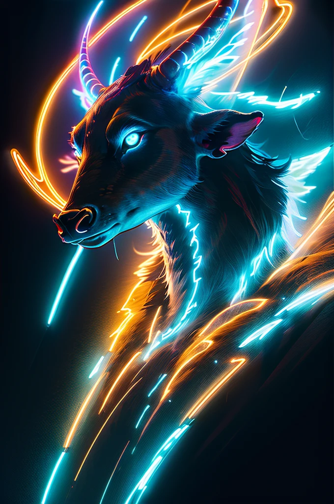 BlackLight Art, a Bioluminescence stag, (glowing horn:1.3), Bioluminescence, On the mountain top, composed of elements of thunder, thunder, electricity, head up to the sky, low angle view, octane render, enhance, intricate, (masterpiece, Representative work, official art, Professional, unity 8k wallpaper:1.3)