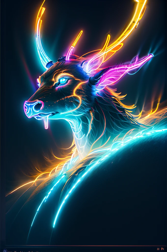 BlackLight Art, a Bioluminescence stag, (glowing horn:1.3), Bioluminescence, On the mountain top, composed of elements of thunder, thunder, electricity, head up to the sky, low angle view, octane render, enhance, intricate, (masterpiece, Representative work, official art, Professional, unity 8k wallpaper:1.3)