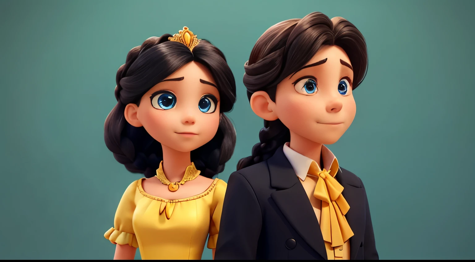 The good princess kiss the good prince. The good princess has long black hair, blue eyes, fair skin, and wears a very modest yellow dress. She has two braids that cascade down to her shoulders. The good prince wears an elegant tailcoat, has large eyes, and short hair with a right-side parting.