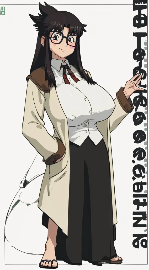 ultra detailed, masterpiece, best quality, solo, soft smile, light smile, ,YR, 1girl, solo,full body body, portrait, sticker blush, smile, looking at viewer, glasses, long skirt, coat, vest, ribbon, long sleeves, messy hair, fine detail, perfect quality, good quality, masterpiece, HDR, UHD full body, refsheet, flipflops, huge breast,refsheet