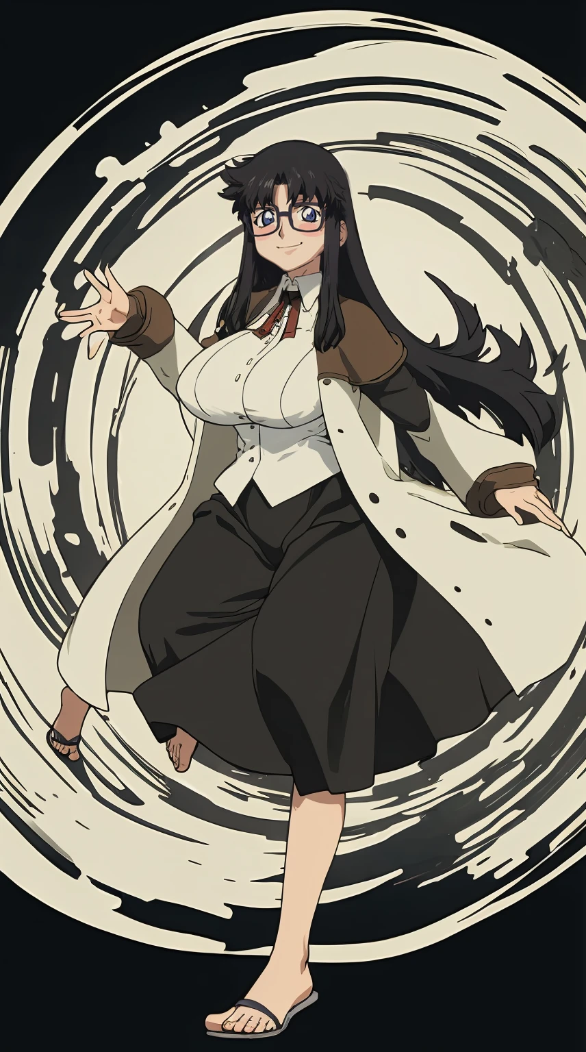 ultra detailed, masterpiece, best quality, solo, soft smile, light smile, ,YR, 1girl, solo,full body body, portrait, sticker blush, smile, looking at viewer, glasses, long skirt, coat, vest, ribbon, long sleeves, messy hair, fine detail, perfect quality, good quality, masterpiece, HDR, UHD full body, refsheet, flipflops, huge breast,refsheet