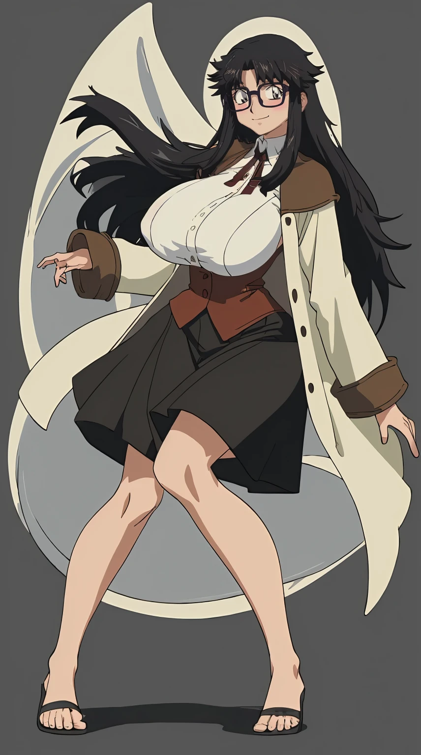ultra detailed, masterpiece, best quality, solo, soft smile, light smile, ,YR, 1girl, solo,full body body, portrait, sticker blush, smile, looking at viewer, glasses, long skirt, coat, vest, ribbon, long sleeves, messy hair, fine detail, perfect quality, good quality, masterpiece, HDR, UHD full body, refsheet, flipflops, huge breast,refsheet