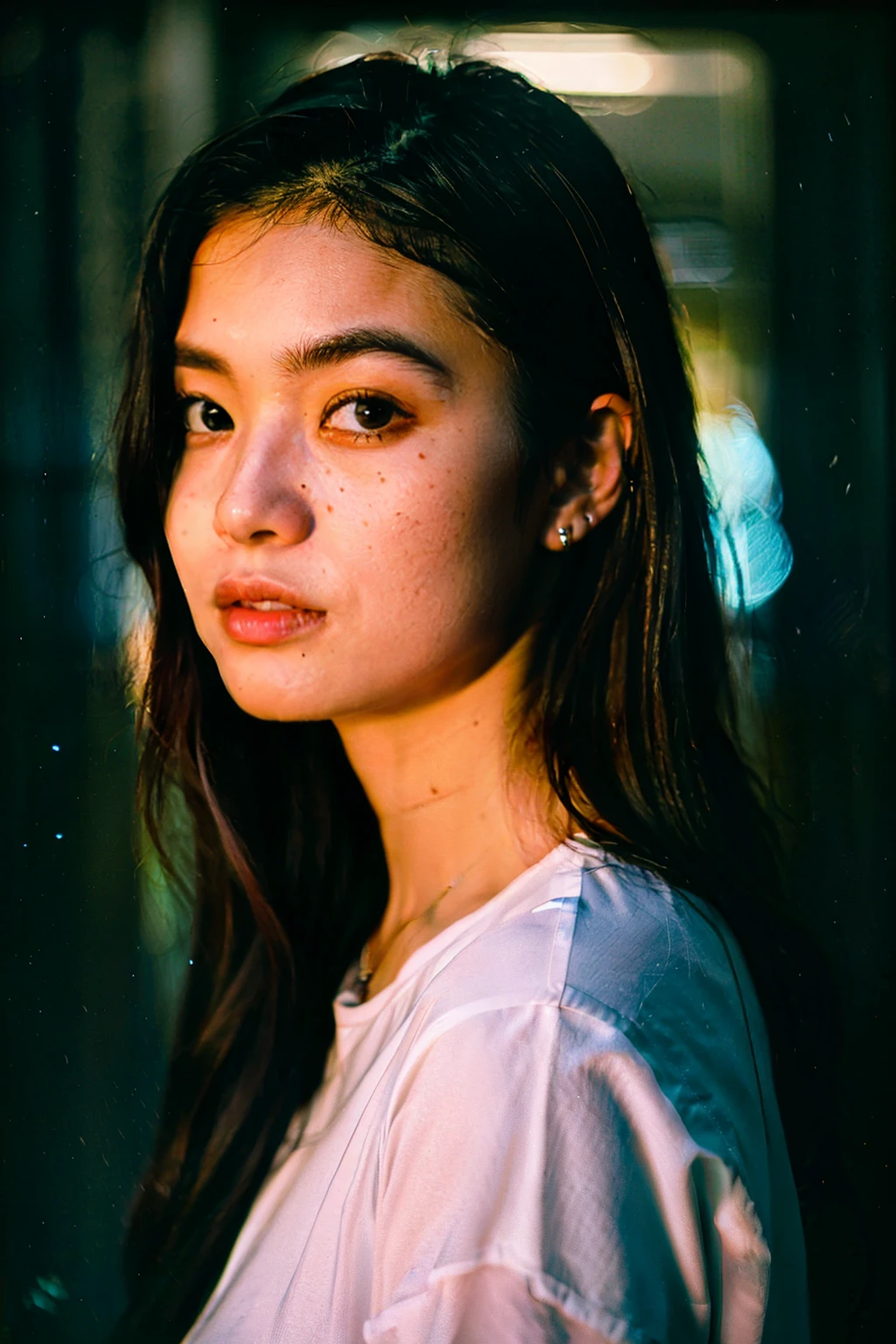 A photo of a girl, dramatic,  21 years old european cute girl, midnight, dark studio, rim lighting, two tone lighting, dimly lit, (low key:1.4), film grain, finely detailed skin, rim lighting, hard lighting, ((Rolleiflex photography))  (8K, 16k, uhd, dslr), (RAW photo:1.2), (best quality:1.4), (high quality:1.4), (masterpiece:1.2), (realistic:1.hoto-realistic:1.4), ultra-detailed, (grainy:0.4), filipina, pinay