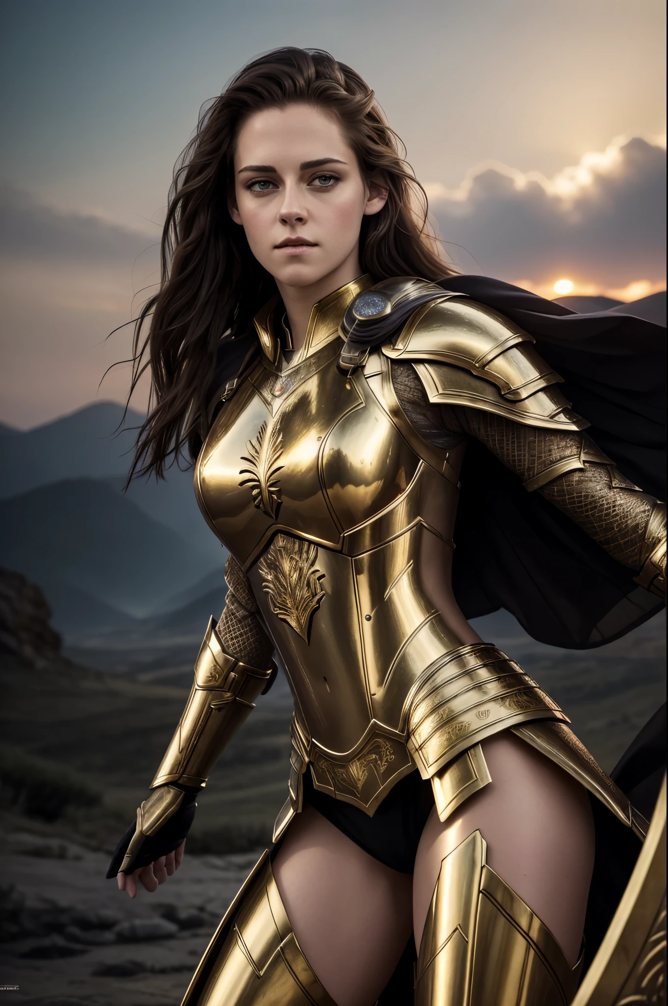 (best quality,4k,8k,highres,masterpiece:1.2),ultra-detailed,realistic:1.37,Kristen Stewart,gold armor,Knights of the Zodiac,sexy gaze,beautiful detailed eyes,beautiful detailed lips,long dark hair flowing,serious expression,strong and confident posture,sparkling gold armor with intricate engravings,shiny metallic surface,reflection of the surrounding landscape on the armor,ethereal atmosphere,mythical background,mystical lighting,stunning sunset colors,glowing rays of light,powerful aura,graceful and elegant movements,commanding presence,commanding presence,graceful and elegant movements,ethereal atmosphere