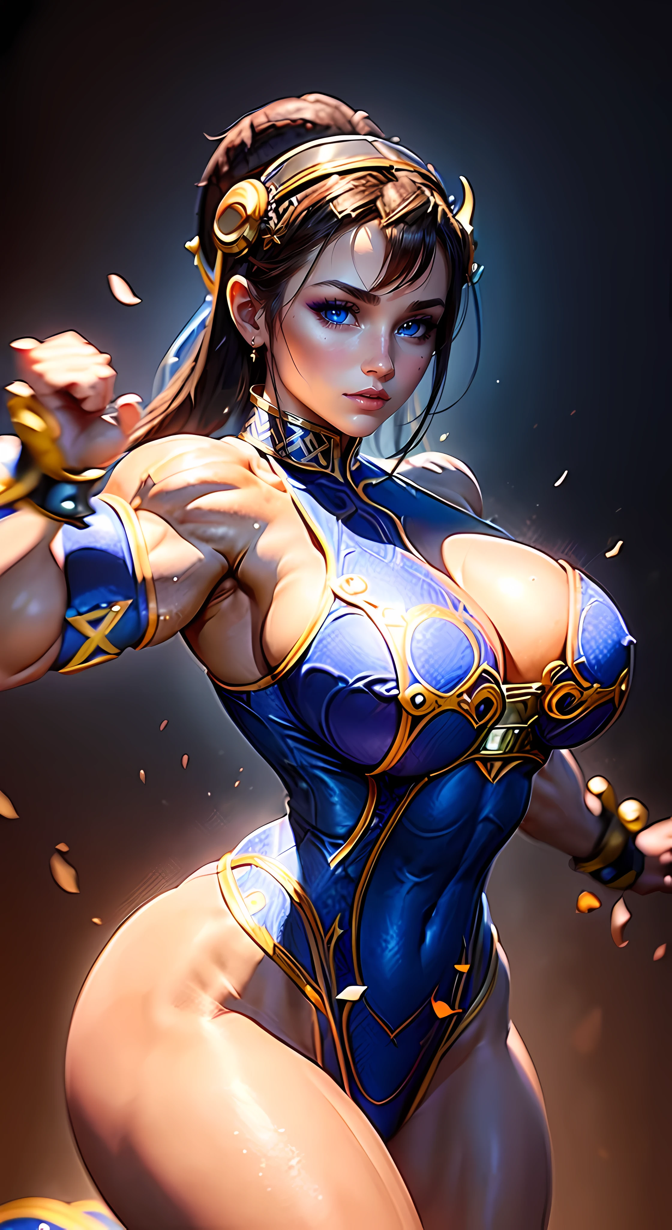 ((mulher baseada na personagem chun li)), seios grandes, medium hips, ((ultra realista)), TM Ninja branco, Icons, cores vibrantes, estilo vetorial, arte digital, 4k, detalhes intrincados, hipnotizante, feito profissionalmente, beautiful vector illustration, 12k resolution, ..3d, todos os caracteres detalhados em comprimento total, ((altamente detalhado)), ((vibrante)),((Ultra alta qualidade)), ((hiperrealismo)), ((fotorrealismo)), [octan rendering] , na cidade, muitos carros (realista), ((((viking Chun Li)))), ((((huge muscles))))