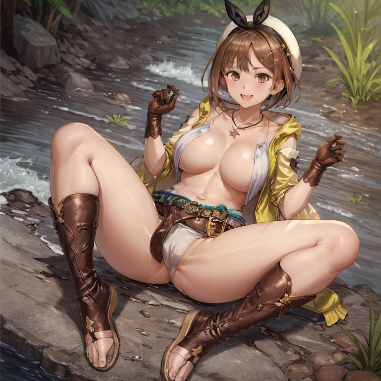 Liza, 1girl in, Solo, barechested, gloves, Belt bag, hat, Head Ribbon, jewely, opening legs, Brown hair, thighs thighs thighs thighs, teats, bridal legwear, a necklace, Brown eyes, single glove, Hair Ornament, hair clips, Star a necklace, toeless footwear, razor, Star (symbol), White cap, Brown gloves, long boots, Short hair, thighs thighs thighs thighs, razorの Belt, brown belt, razorの gloves, Jacket, Blue belt, Navel, thighs thighs thighs thighsブーツ, sleeveless jacket, thighs thighs thighs thighsポーチ, 白いthighs thighs thighs thighs, 鎖骨, Yellow jacket, Brown Footwear, , Huge breasts,ad legs:1.4ir, Sitting,Official art,Smile,Beach,mid-riff peak,Delicate hands,pot-bellied, Vagina, The erection, Break out of theuice
