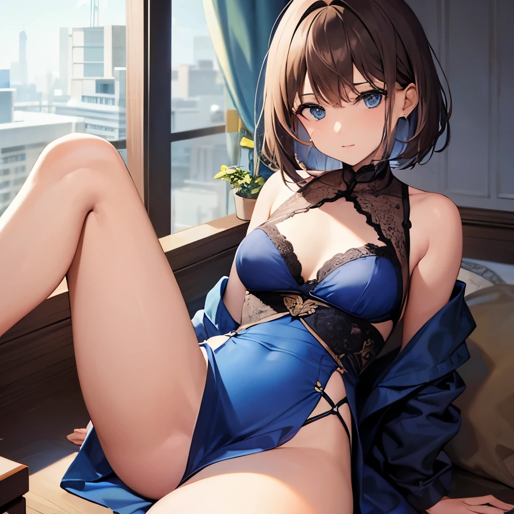 1female, skinny, short brown hair, blue eyes, blue curtain dress, legs spread wide, splits, sitting, facing front,