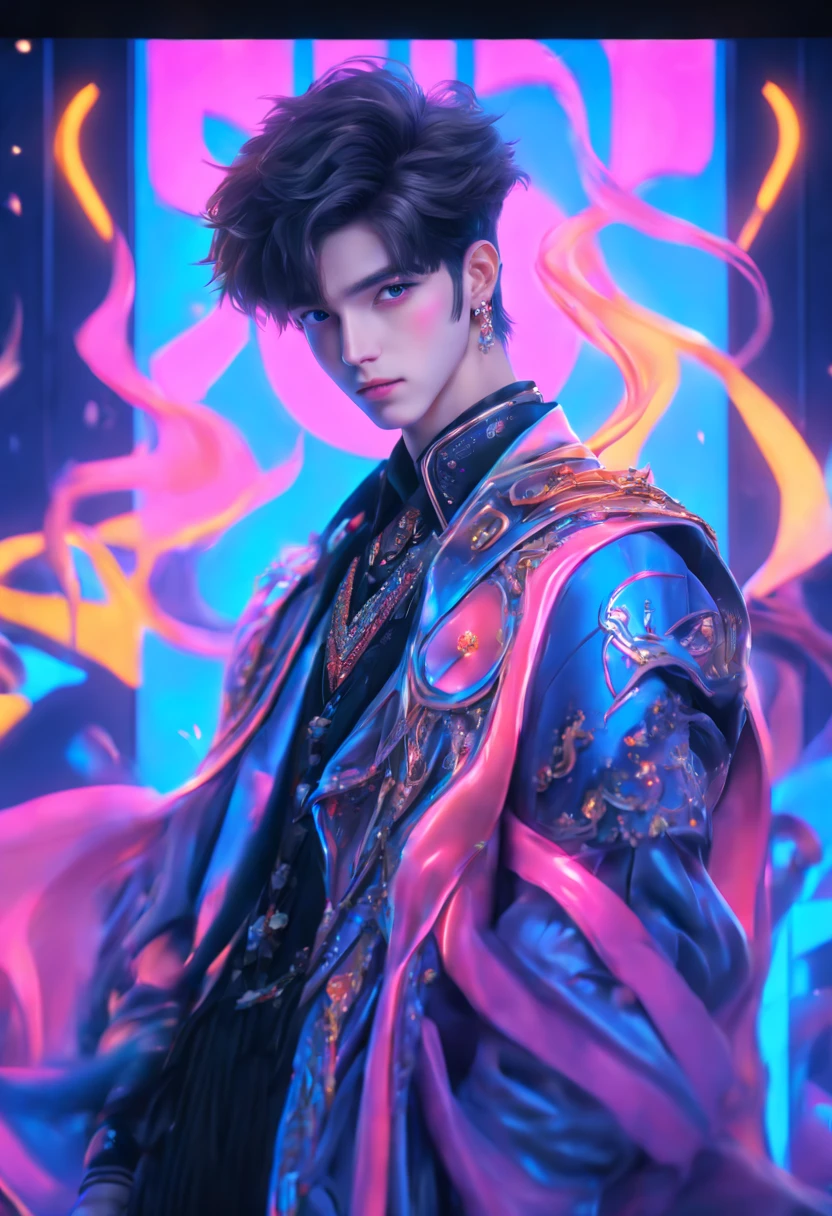 wide shot, (((Handsome young man))), looking straight at camera, Fantasy clothing, Idol style, bts style, Young face, face of a man about 16 years old, (((hairlong))), photo realism, neon lighting, there is a place for an inscription, ((Smooth face))