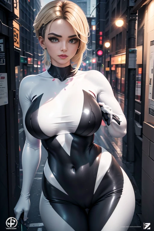 imagem de corpo inteiro Unreal Engine 5 8K UHD de mulher bonita,com cabelos loiros curtos,Wearing tight neon bikini futuristic latex spider woman ,latex bikini,y action,Aguarde os seintoigura muscular,Swimsuits that rarely cover the skin,latex glove,Use vidro roxo,耳Nipple Ring,Pierced lip piercing,Cidade da idade moderna,melhor qualidade,tmasterpiece,Papel de parede 8K UHD, Gwen Spider, Gwen em uma roupa preta com aranha no centro de seu peito em branco, organic-looking clothing, testa gooey, simbionte, olhos brancos, belas artes, PS5 cinematic screenshot, Highly detailed cinematic rendering, raytricing ultra fotorrealista, with cinematic lighting