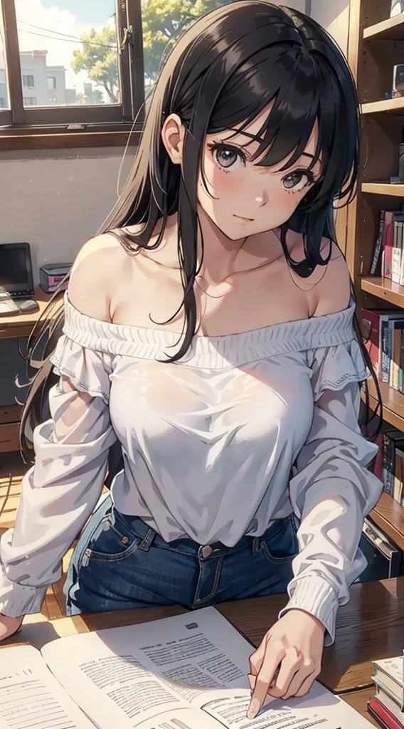 （tmasterpiece），（best qualtiy），（ighly detailed），（illustratio），（超A high resolution）one girls，Off-the-shoulder clothing，ssmile，(Off-the-shoulder clothing)，tutor，black colored hair，Straight long hair，white  shirt，Mature Woman，40-year-old woman，Large breasts，scowling，top-down view，up close shot，Write homework，inside in room，bookcase，a desk